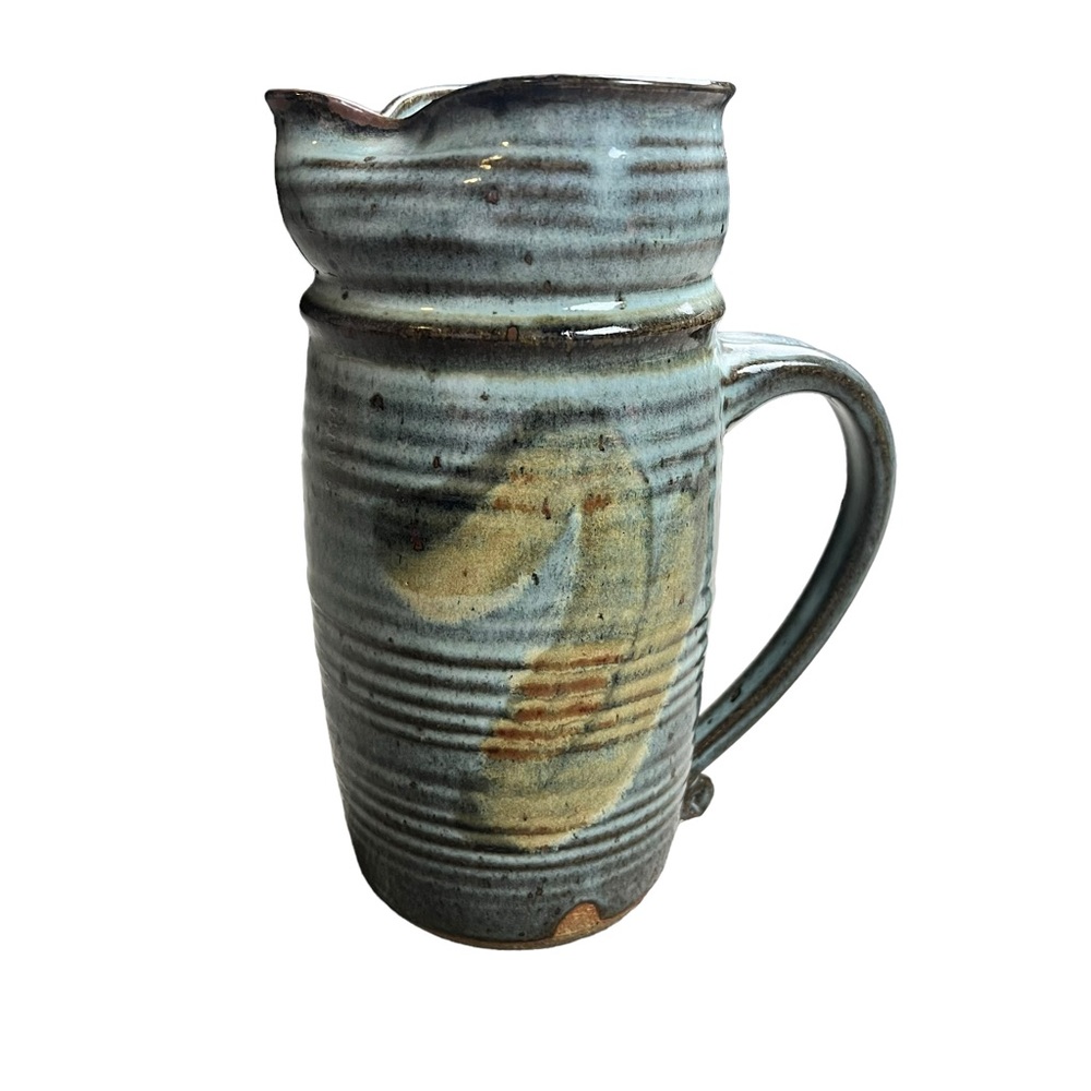 Vintage studio pottery stoneware pitcher ribbed finish‎ drip glaze
